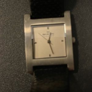Skagen - stainless silver - wrist watch with black leather band, no battery.